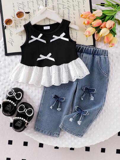 2件套女婴蝴蝶装饰撞色蕾丝边无袖上衣和3D蝴蝶结牛仔裤套装