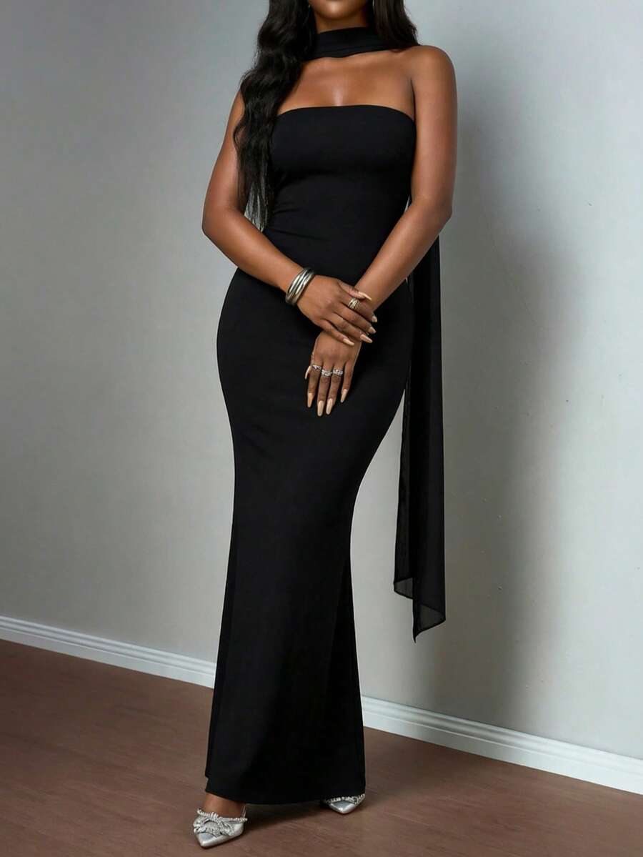 Women's Black Strapless Scarf-Adorned Long Dress, Mermaid Bodycon Style, Suitable For Elegant Evening Events And Refined Date Nights - màu đen - Xem 1