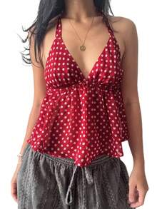 Women's Polka Dot Halter Neck Deep V Backless Peplum Tank Top Multi-Color - Đỏ - Xem 3