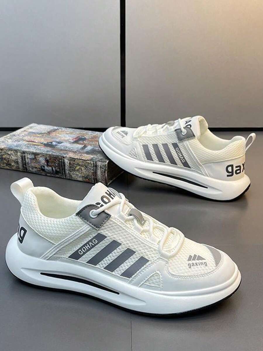 时尚休闲舒适运动鞋，复古拼接网面运动鞋，经典低帮厚底运动鞋，适合日常通勤、青年、四季穿着 - 白灰 - 查看 1