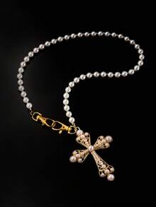 1件ins风仿珍珠牛仔链条吊坠，朋克几何串珠腰带，镶嵌水钻，适合日常佩戴