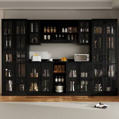 VOWNER 3Pcs Kitchen Hutch Storage Cabinet Set With Open Countertop,12 Grid Glass Doors Pantry Cabinet With Adjustable Shelves For Organizing Essentials,Dining Room