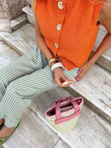 Joy Knit 女士春夏新款时尚单品，夏季假日，春季女装，简约休闲百搭，女士休闲罩衫，情人节，金属贝壳纽扣圆领套头针织背心，女士沙滩装，女士外出上衣，女士度假装 - 珊瑚橙 - 查看 3