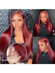 14英寸无胶假发，真人发混纺，预先拔毛，预先修剪；13英寸x4英寸高清蕾丝闭合假发，真人发混纺，无需胶水，即插即用；180%密度水波纹蕾丝前假发，真人发混纺，带婴儿发；99J酒红色，10-36英寸 - S99J/BUG - 查看 4