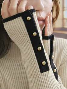 Women's Turtleneck Sweater, Apricot Color Block Design, Long Sleeve Knit Top With Metal Button Decor, Warm Base Layer For Commuting And Daily Wear, Early Spring - Apricot - View 5