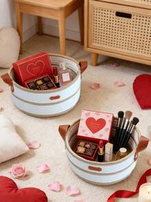 New Round Woven Storage Basket With Leather Handles, Ins Style Desktop Organizer Basket For Cosmetics, Toys, Suitable For Living Room, Bedroom, Versatile Storage Basket, Ideal For Valentine's Day Gift - Multicolor - View 7