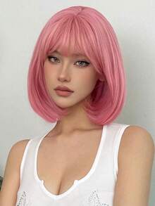 12英寸刘海假发，直发粉色刘海波波头假发套装，适合女性日常生活、派对、角色扮演、摄影等场合 - 粉色 - 查看 10