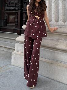 2件套女士优雅棕色波点撞色系带吊带背心和阔腿裤套装，春夏款 - 咖啡棕 - 查看 1