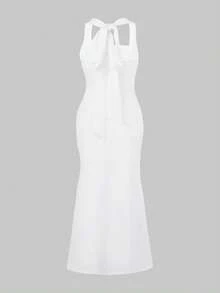 Glamful Solid Color Elegant French Style Graceful Halter Flowy Maxi Dress, Suitable For Vacation, Resort, Dating, Wedding, Wedding Party, Wedding Guest - White - View 9