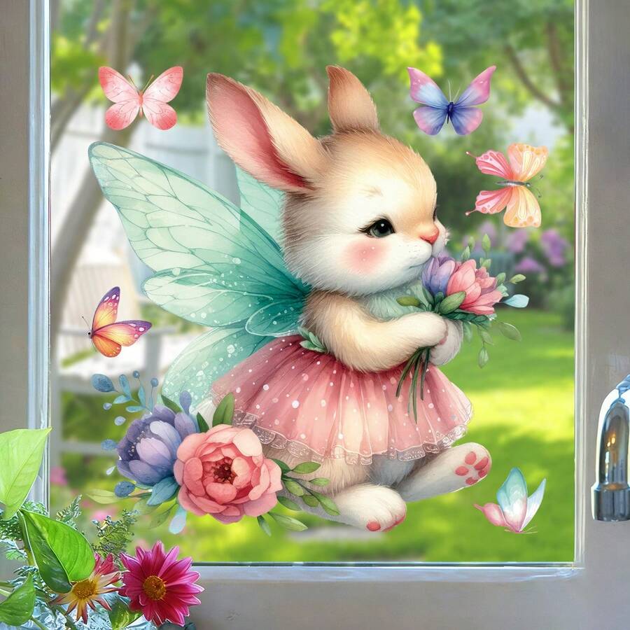 1张复活节窗贴，可爱兔子带翅膀，花束和蝴蝶图案，可移除，精美家居装饰贴纸 - 彩色 - 查看 1
