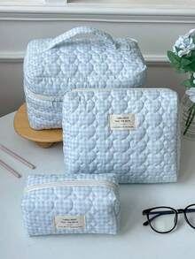 1件/套蓝色格子绗缝大容量化妆包化妆品收纳包，女孩甜美时尚便携化妆包旅行化妆包，多功能拉链收纳袋，可装口红、卫生巾、硬币、钥匙、发夹、发圈等，可爱旅行洗漱包旅行收纳化妆包，母亲节礼物，开学礼物，新年礼物 - 藍色 - 查看 1