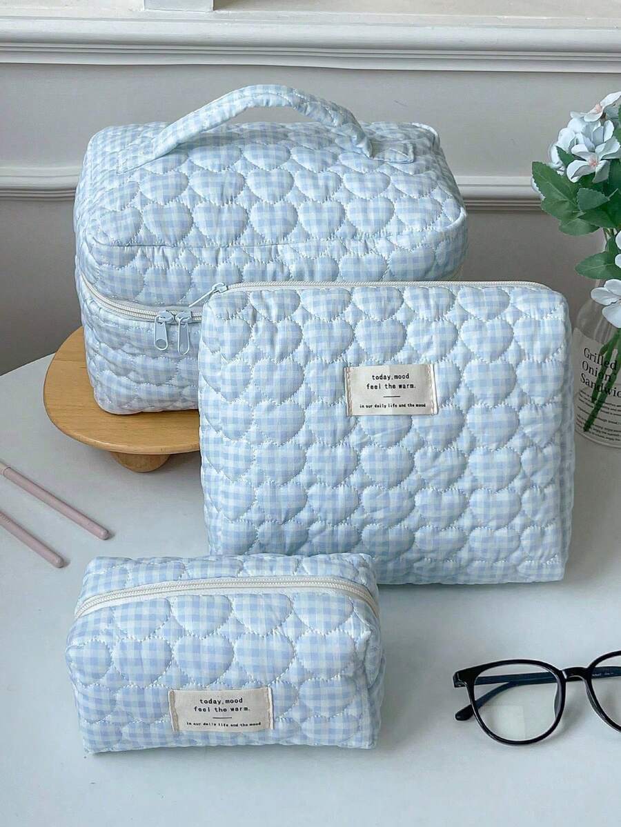 1件/套蓝色格子绗缝大容量化妆包化妆品收纳包，女孩甜美时尚便携化妆包旅行化妆包，多功能拉链收纳袋，可装口红、卫生巾、硬币、钥匙、发夹、发圈等，可爱旅行洗漱包旅行收纳化妆包，母亲节礼物，开学礼物，新年礼物 - 藍色 - 查看 1