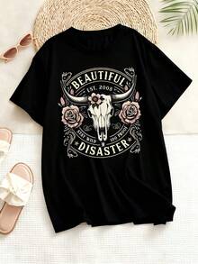Women's T-Shirt Beautiful Disaster Bull Skull Rose Graphic Design Soft Comfortable Casual Top For St Patrick's Day Easter Carnival Festival Outfits Gift Idea - 黑色 - 查看 3