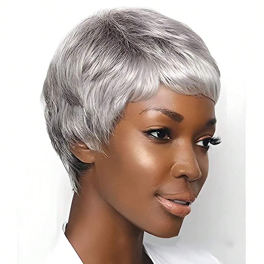 Beaushine Tóc giả ngắn kiểu bob bằng tóc thật dành cho nữ, kiểu tóc pixie, không cần keo dán, không có ren phía trước, có mái, màu xám thẳng, được làm bằng máy, ngắn, nhiều lớp, thích hợp sử dụng hàng ngày. - SGray - Xem 1