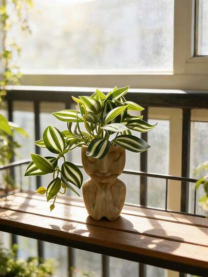 Zen-Style Face Shaped Artificial Green Plant Potted Decor, Suitable For Balcony, Living Room, Study, Maintenance-Free Lifelike Floral Arrangement