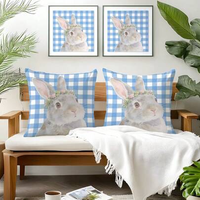 2 件装蓝色格子可爱兔子图案枕套，单面印花，适用于客厅、卧室、家居装饰，四季皆宜