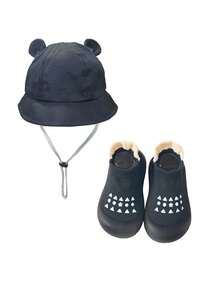 2Pcs Baby Bucket Hat & Silicone Anti-Slip Socks Set - 6-36M Unisex Cute Ears Drawstring Windproof Sun Protection Black Pink - Multicolor - View 15