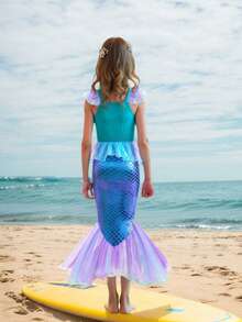 小女孩亮片短袖美人鱼薄纱公主裙，派对/正式场合服装