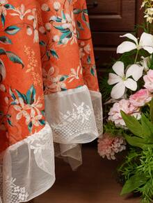 1 pièce Nappe vintage française à imprimé floral avec dentelle, décoration d'intérieur pour table de chevet, table basse, table à manger, décoration de fête - Orange - Voir 6