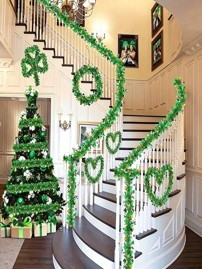 4个圣帕特里克节金属丝花环，金色金属塑料花环，适用于爱尔兰圣帕特里克节派对墙面/树木装饰、游行派对/家居装饰、室内/室外派对节日装饰