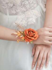 1pc/6pcs Luxury Princess Rose Flower With Faux Greenery & Pearl Bracelet, Suitable For Bride, Groom, Bridesmaids, Weddings, Engagements, Parties, Events