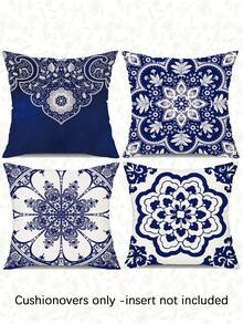 4件套波西米亚风格天鹅绒柔软触感低过敏性聚酯纤维材质抱枕套，多种尺寸可选，蓝白瓷器图案，隐藏式拉链设计，适用于汽车、农舍、家居装饰，客厅沙发抱枕套（不含枕芯），斋月，斋月吉祥，斋月快乐，开斋节快乐，开斋节