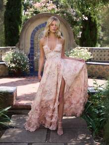 Women's Elegant Dress With Floral Print, Fitted And Wide Hem, Beach-Style Halter Top Long Dress - Hồng - Xem 1