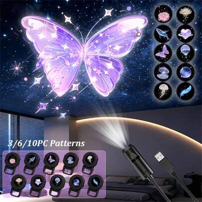 1set 3/6/10pcs Patterns Projection Night Light Suitable For Room - 360° Rotatable LED Dream Light With Starry Sky, Rainbows, Whale, Butterfly, Cloud, Heart & Feather Patterns, For Ceiling, Bedside - USB Powered