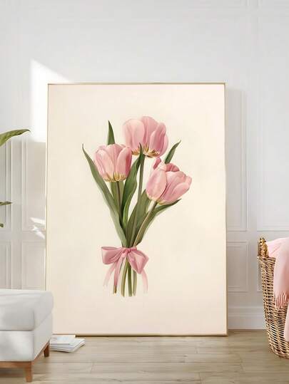 1pc Tulips Bouquet Room Decor, Pink Girly Aesthetic Art, Y2k Cute Girly Decor, Blush Pink Bow Wall Art, White Tulips Vintage Floral Painting, Brown Gingham Print, The Ideal Gift For Friends, Bedroom Art Print, Living Room Decor, Office Decor, Bathroom Decor, Wall Arts, Wall Decor, Home Decor, Room Decor, Canvas Wall Art, Posters, Wall Art With Frame, Optional Frame ﻿