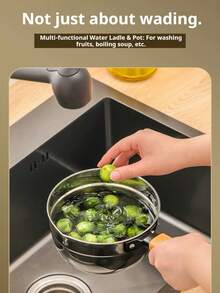 1pc 304 Stainless Steel Water Dipper With Wooden Handle, , Anti-Drop, Large Capacity Ladle For Kitchen, Garden, Commercial Use, 14cm/16cm/18cm - Silver - View 4