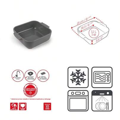 - Square Ceramic Baking Dish - 21 Cm Including Handles X 16.3 Cm X 5.4 Cm - Capacity: 1.1 L - 10 Year Guarantee - Made In France - Light Grey Colour