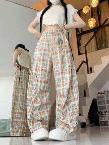 Women's Casual Pleated Wide Leg Loose Pants With Dopamine Plaid Star Pendant, Summer - Yellow - View 3