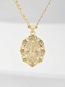 1pc Classic European Style Copper Inlaid Zirconia Rose Guadalupe Virgin Mary Pendant Necklace, Limited Edition, Suitable For Christmas, Thanksgiving, Halloween, Mother's Day, Valentine's Day, Gifts For Couples, Friends, Godparents, First Holy Communion, Daily Wear And Prayer - Yellow Gold - View 2