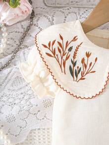 女童优雅花卉刺绣荷叶边袖上衣和百褶裙套装 - 卡其色 - 查看 5