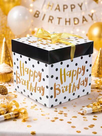 1Pc Happy Birthday Gift Box With Lid And Ribbons,Birthday Gift Wrapping Box With Polka Dot Design,Gift Packaging Box,Birthday Party Decorations,Elegant Party Favor Box,Birthday Celebration Decoration,Birthday Centerpiece,Baby Shower Decoration,1st Birthday Party Supplies,Birthday Gift,Large Birthday Gift Box