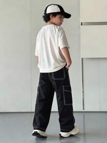 1pc Young BoyTrendy Streetwear Style Straight Leg Cargo Pants With Decorative Seam And Multi-Pockets Design - Black - View 2