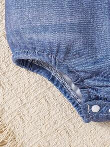 Pelele de bebé recién nacido de verano con estampado digital a rayas y parche falso con oso - Neblina azul - Ver 7