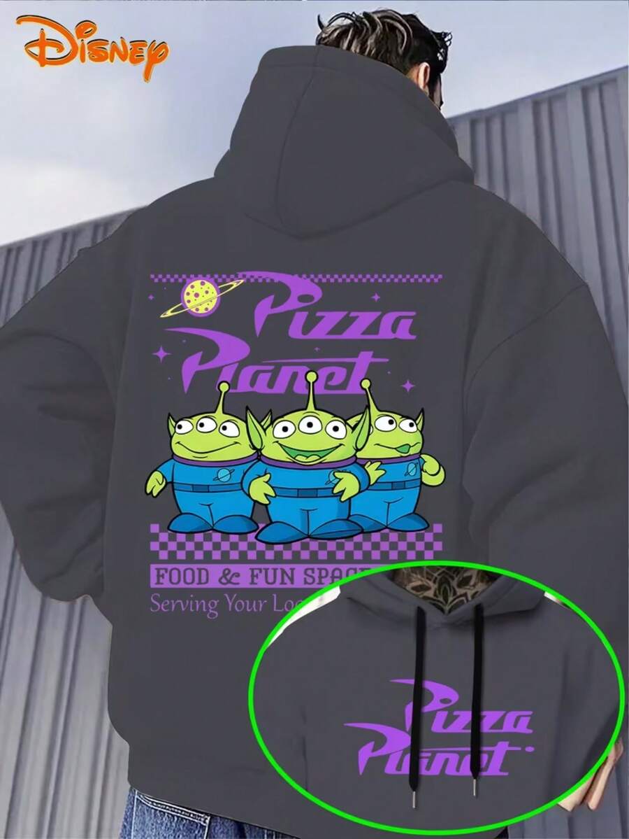2026 Men's Hoodie-Pizza Alien Pattern Pullover, Loose Hoodie Sweater In Front Pocket, Suitable For Casual Wear, Disney's Birthday Gift, Travel Clothes, Playful Design, Comfortable Fabrics, Fan Clothes, Movie Lovers, Home Clothes, Durable Materials, Printed Sweatshirts, Men. - Grey - View 1