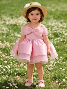 Baby Girl Cute Bow Off Shoulder Strap Tulle Princess Dress, Puff, Wedding, Flower Girl, Birthday Party, Gathering - Pink - View 4