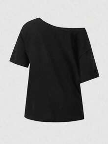 LOVE JOYY 女士露肩短袖宽松T恤，时尚简约，复古神秘图案，夏季日常外出、派对，黑色上衣 - 黑色 - 查看 5