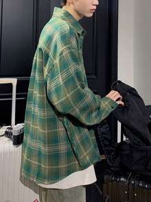 Mens Shirts,Men's Retro Color-Blocked Plaid Long-Sleeved Shirt, Versatile Loose-Fitting Shirt Jacket For Spring And Autumn - màu xanh lá - Xem 3