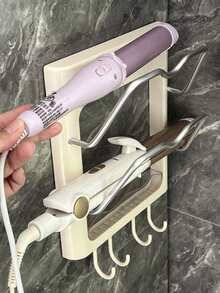 1Pc Wall-Mounted Hair Dryer Holder Styling Tool Organizer With Hook, 2-Shelf Durable Plastic Hair Straightener Stand ,Multi-Functional, Easy-To-Install, Space-Saving Bathroom Organizer, Anti-ScaldSuitable For Placing Hair Curlers, Straighteners, Flat Iron, Cabinet Door, Bathroom, Dormitory Desk - Multicolor - View 8