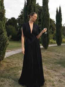 Elegant Solid Color High Slit Backless Zipper Maxi Fitted Dress For Wedding Party Black - Black - View 4
