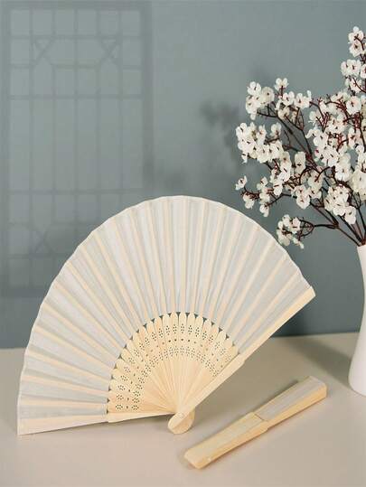 1pc Classic White Bamboo Folding Hand Fan, Elegant Paper Fan With Carved Handle, Portable Handheld Fan, Suitable For Weddings, Parties, Festivals, Summer Home Decor, Living Room And Bedroom Decor, Exquisite Gift.