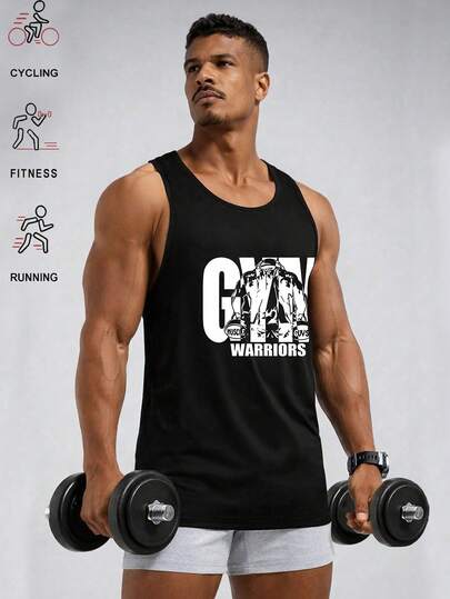 男士无袖“健身勇士”图案运动背心，适合健身、跑步、骑行和休闲穿着