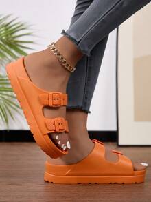 新款厚底可调节绑带拖鞋，女士时尚百搭通勤度假高弹无异味EVA防滑柔软舒适休闲减震拖鞋 - 橘色 - 查看 9