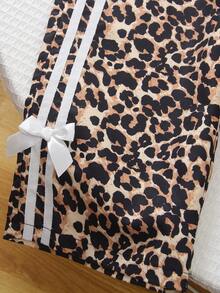 Set de 2 piezas de blusa con corbata de moño con estampado de leopardo y pantalones anchos casuales para niñas preadolescentes, primavera/verano - Blanco - Ver 6