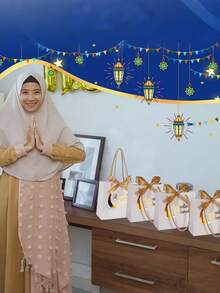 10pcs/1pc Eid Mubarak Bowknot Gift Boxes, Eid Bowknot Gift Boxes With Ribbons, Foil Stamping Craft, Suitable For Eid Festival - White [with Gold Ribbon Tote Bag] - View 5