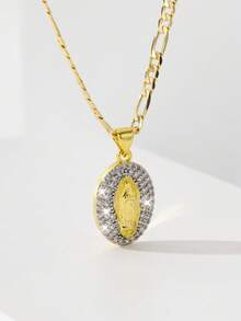 1pc Classic European Style Copper Inlaid Zirconia Guadalupe Virgin Mary Pendant Necklace, Limited Edition, Suitable As Gift For Christmas, Thanksgiving, Halloween, Mother's Day, Valentine's Day, Friends, Godparents, First Holy Communion, Daily Wear And Prayer - Yellow Gold - View 2