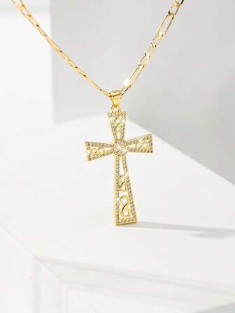  1pc European & American Classic Copper Inlaid Zirconia 8-Shaped Jesus Cross Pendant Necklace, Limited Edition "Light Of Protection", Suitable For Christmas/Thanksgiving/Halloween/Mother's Day/Valentine's Day Gifts For Couples/Friends/Believers, Catholic First Communion, Everyday & Holiday Wear, Prayer
